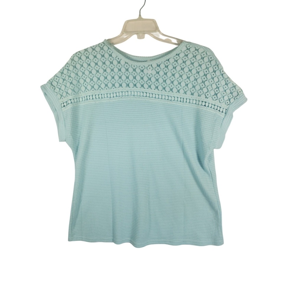Dokotoo Womens XL Blouse Blue Lace Crochet Short Sleeve Boho Coastal Cottage